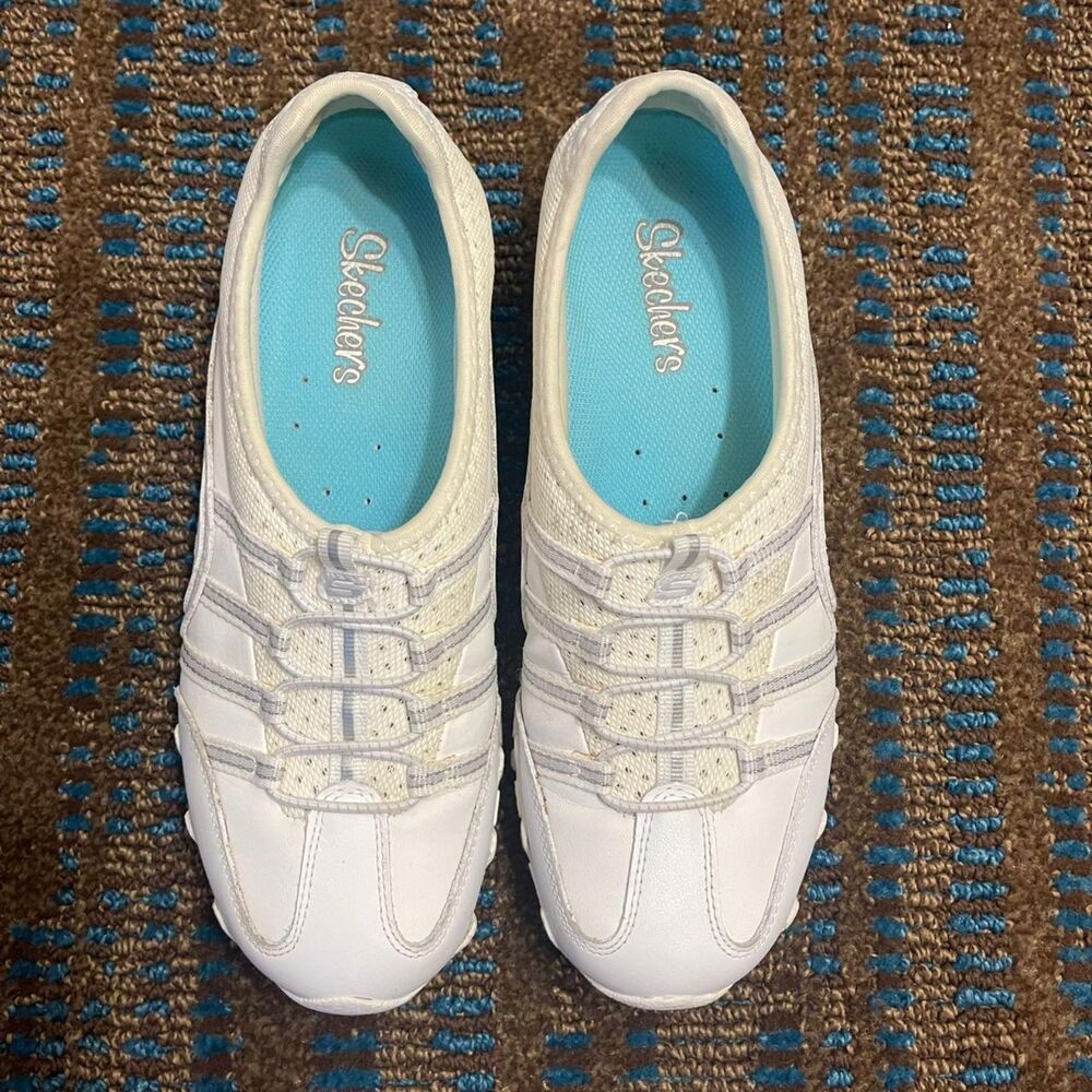 Skechers Women 7.5 White Blue Slip On Sneakers Bungee Lace Comfort Walking Shoes - Picture 7 of 7